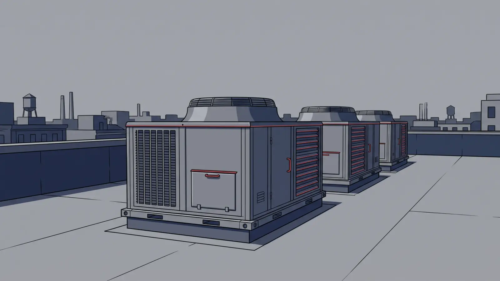 Illustration of curb-mounted packaged rooftop units in a row on a flat commercial roof